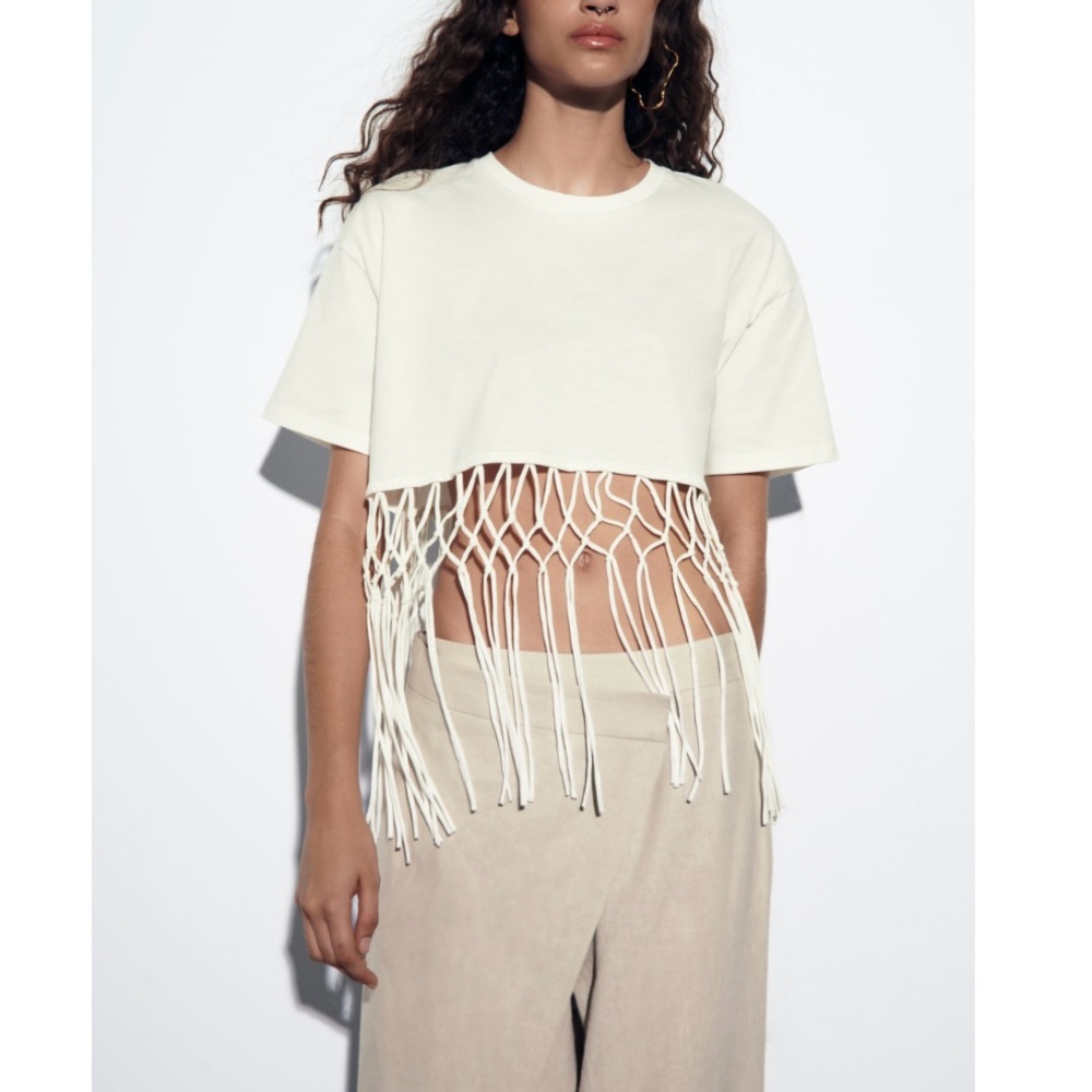 Fringe Hem Cropped Tee - Cream